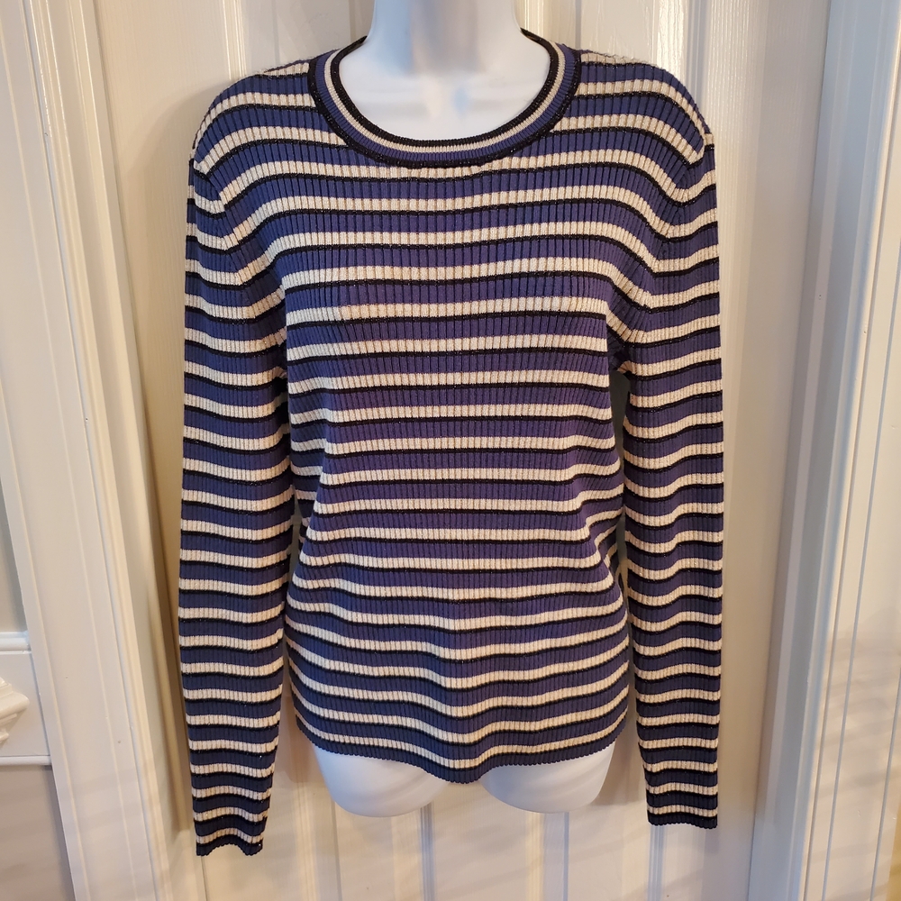 Nine West Classic Nautical Striped Sweater Navy Cream Ribbed Crewneck Sz L